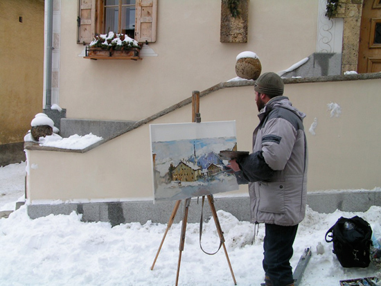 Andrey Demin painting in Zuoz, Switzerland